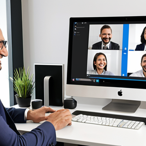Home 22 **
A modern insurance broker's office. A friendly, well-dressed broker is conducting a video call with a client. The broker's home office is clean and professional. On the screen, the client looks happy and engaged. Illustrate the convenience of digital consulting. Include Zoom, Microsoft Teams, or Skype interface elements. The overall mood is positive and efficient.
**