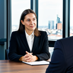 A professional female insurance broker in her late 30s, dressed in a modest, well-fitted dark business suit, is sitting across a polished wooden table from a male client, mid-50s, in smart casual attire. The broker is leaning slightly forward, maintaining warm eye contact with a genuine, empathetic expression, demonstrating active listening. The client appears thoughtful and engaged. The setting is a brightly lit, modern German office meeting room with a large window showcasing a subtle, contemporary city skyline in the background. The atmosphere is one of trust and personal connection. professional photography, ultra detailed, sharp focus, natural pose, perfect anatomy, correct proportions, well-formed hands, proper finger count, natural body proportions, fully clothed, appropriate attire, modest clothing, safe for work, appropriate content, professional.
