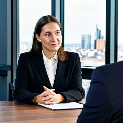 Home 20 A professional female insurance broker in her late 30s, dressed in a modest, well-fitted dark business suit, is sitting across a polished wooden table from a male client, mid-50s, in smart casual attire. The broker is leaning slightly forward, maintaining warm eye contact with a genuine, empathetic expression, demonstrating active listening. The client appears thoughtful and engaged. The setting is a brightly lit, modern German office meeting room with a large window showcasing a subtle, contemporary city skyline in the background. The atmosphere is one of trust and personal connection. professional photography, ultra detailed, sharp focus, natural pose, perfect anatomy, correct proportions, well-formed hands, proper finger count, natural body proportions, fully clothed, appropriate attire, modest clothing, safe for work, appropriate content, professional.