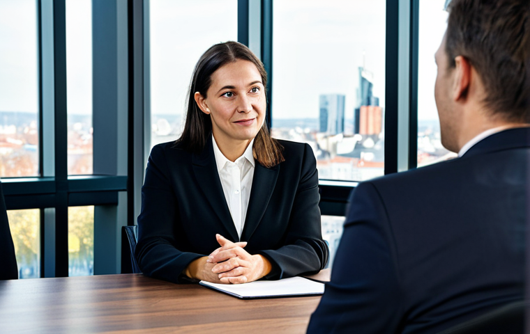 A professional female insurance broker in her late 30s, dressed in a modest, well-fitted dark business suit, is sitting across a polished wooden table from a male client, mid-50s, in smart casual attire. The broker is leaning slightly forward, maintaining warm eye contact with a genuine, empathetic expression, demonstrating active listening. The client appears thoughtful and engaged. The setting is a brightly lit, modern German office meeting room with a large window showcasing a subtle, contemporary city skyline in the background. The atmosphere is one of trust and personal connection. professional photography, ultra detailed, sharp focus, natural pose, perfect anatomy, correct proportions, well-formed hands, proper finger count, natural body proportions, fully clothed, appropriate attire, modest clothing, safe for work, appropriate content, professional.