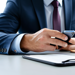 A professional male insurance broker in a modest business suit, seated at a modern, uncluttered desk in a bright, contemporary office. He is looking at a smartphone on the desk showing notifications, with one hand gently resting on it, conveying a sense of conscious boundary-setting against digital intrusion. The overall scene is calm and professional, emphasizing focus and control. Perfect anatomy, correct proportions, natural pose, well-formed hands, proper finger count, natural body proportions. High-quality professional photography, safe for work, appropriate content, fully clothed, professional.
