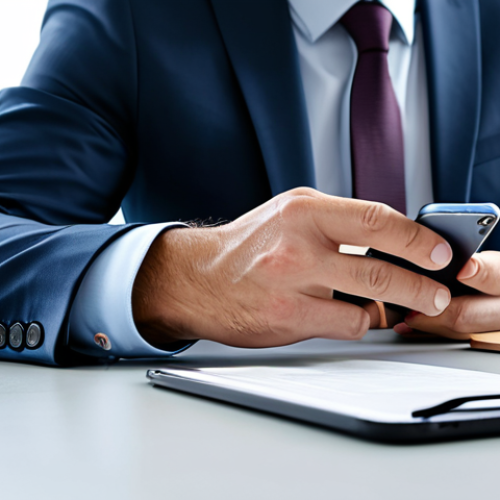 Home 9 A professional male insurance broker in a modest business suit, seated at a modern, uncluttered desk in a bright, contemporary office. He is looking at a smartphone on the desk showing notifications, with one hand gently resting on it, conveying a sense of conscious boundary-setting against digital intrusion. The overall scene is calm and professional, emphasizing focus and control. Perfect anatomy, correct proportions, natural pose, well-formed hands, proper finger count, natural body proportions. High-quality professional photography, safe for work, appropriate content, fully clothed, professional.