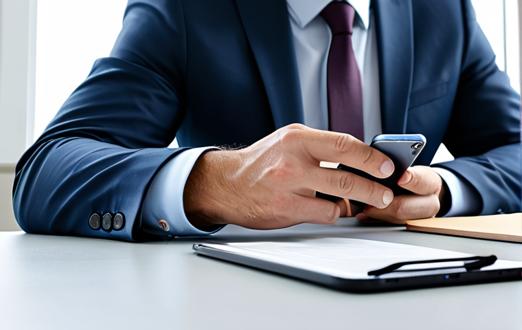 A professional male insurance broker in a modest business suit, seated at a modern, uncluttered desk in a bright, contemporary office. He is looking at a smartphone on the desk showing notifications, with one hand gently resting on it, conveying a sense of conscious boundary-setting against digital intrusion. The overall scene is calm and professional, emphasizing focus and control. Perfect anatomy, correct proportions, natural pose, well-formed hands, proper finger count, natural body proportions. High-quality professional photography, safe for work, appropriate content, fully clothed, professional.
