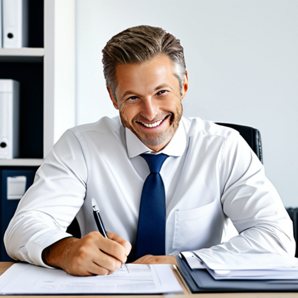 **
"A fully clothed, professional Versicherungskaufmann (insurance agent) in a modern, well-lit Büro (office). He's reviewing Unterlagen (documents) with a friendly smile. Appropriate attire, perfect anatomy, natural proportions, safe for work, appropriate content, professional, family-friendly."
**