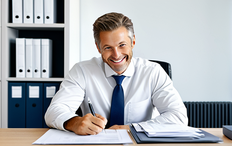 **

"A fully clothed, professional Versicherungskaufmann (insurance agent) in a modern, well-lit B&uuml;ro (office). He's reviewing Unterlagen (documents) with a friendly smile. Appropriate attire, perfect anatomy, natural proportions, safe for work, appropriate content, professional, family-friendly."

**