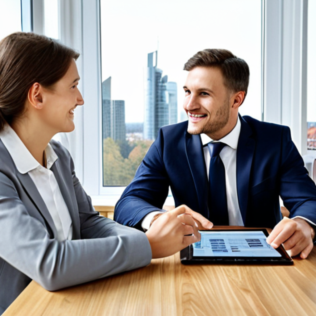 Personalized Insurance Consultation**

"A friendly and professional insurance broker, fully clothed in business casual attire, sitting across a wooden table from a young German family (father, mother, child). The broker is actively listening and gesturing towards a digital tablet displaying insurance options. The scene is a bright, modern office with large windows overlooking a cityscape of Frankfurt.  Emphasis on creating a warm, trustworthy atmosphere. Safe for work, appropriate content, professional, perfect anatomy, correct proportions, well-formed hands, natural poses, modest clothing."

**