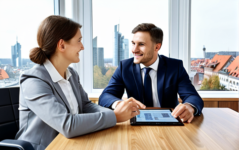 Personalized Insurance Consultation**

"A friendly and professional insurance broker, fully clothed in business casual attire, sitting across a wooden table from a young German family (father, mother, child). The broker is actively listening and gesturing towards a digital tablet displaying insurance options. The scene is a bright, modern office with large windows overlooking a cityscape of Frankfurt.  Emphasis on creating a warm, trustworthy atmosphere. Safe for work, appropriate content, professional, perfect anatomy, correct proportions, well-formed hands, natural poses, modest clothing."

**