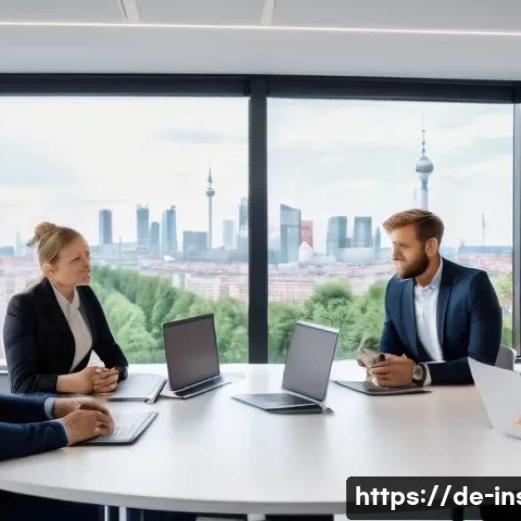 보험중개사와 관련된 경력 전환 가능성 - A modern office scene showing a confident German insurance sales manager leading a diverse team meet...