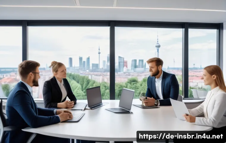 보험중개사와 관련된 경력 전환 가능성 - A modern office scene showing a confident German insurance sales manager leading a diverse team meet...