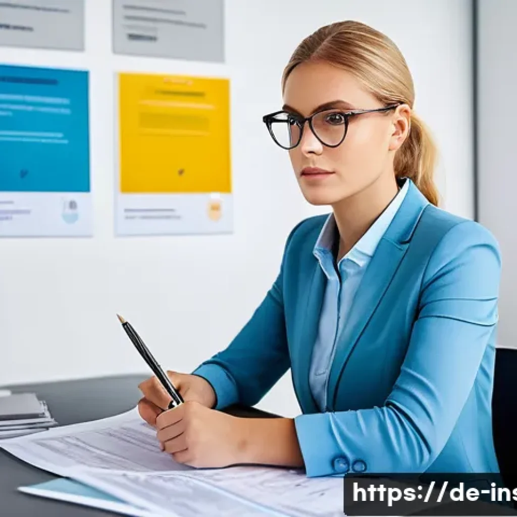 보험중개사 시험 직후 피드백 작성법 - A professional German insurance exam candidate sitting at a modern desk with study materials, review...