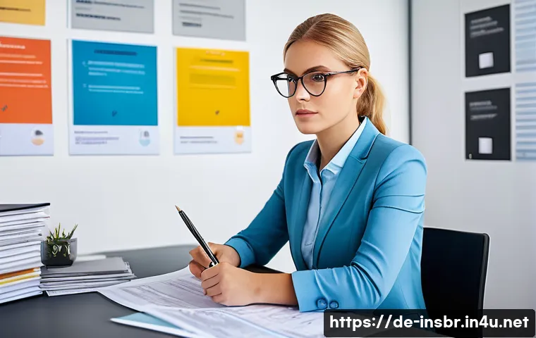 보험중개사 시험 직후 피드백 작성법 - A professional German insurance exam candidate sitting at a modern desk with study materials, review...