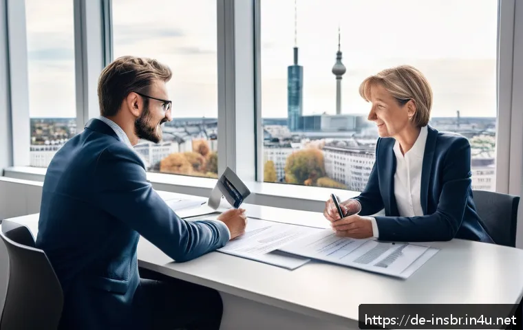 보험중개사와 관련된 윤리적 문제 분석 - A professional insurance advisor sitting at a modern office desk in Berlin, engaging in a transparen...
