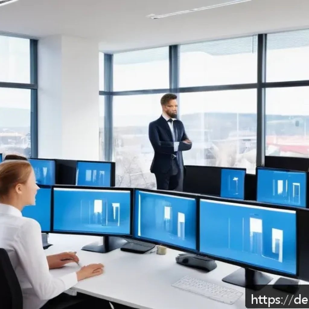 보험중개사와 관련된 고객 관계 관리 성공 사례 연구 - A modern insurance office scene in Germany showing a diverse team of professionals using an advanced...