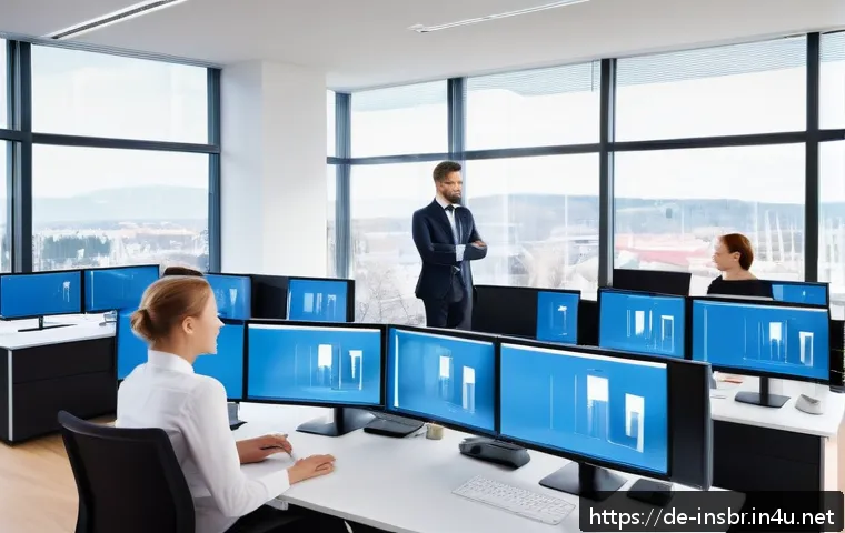 보험중개사와 관련된 고객 관계 관리 성공 사례 연구 - A modern insurance office scene in Germany showing a diverse team of professionals using an advanced...