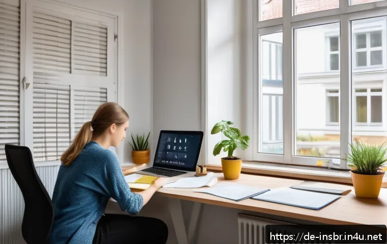 보험중개사 자격증 준비를 위한 경제적 계획 - A cozy home office scene in a modern German apartment, with a young adult studying insurance exam ma...
