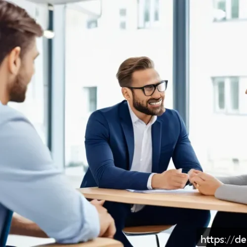 Home 32 보험중개사로 성공하기 위한 심리적 요인 - A professional insurance broker in a modern German office setting, engaged in a sincere conversation...