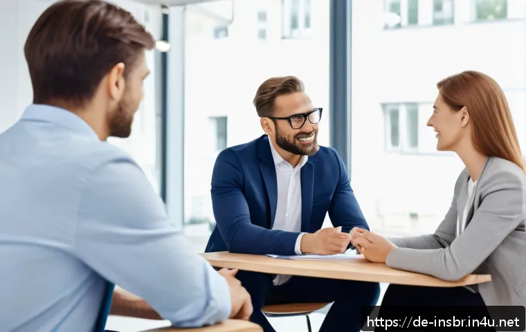 보험중개사로 성공하기 위한 심리적 요인 - A professional insurance broker in a modern German office setting, engaged in a sincere conversation...