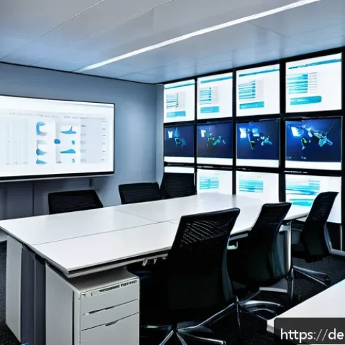 Home 30 보험중개사와 고객 데이터 보호 - A modern insurance broker office in Germany, showcasing a professional workspace with multiple digit...
