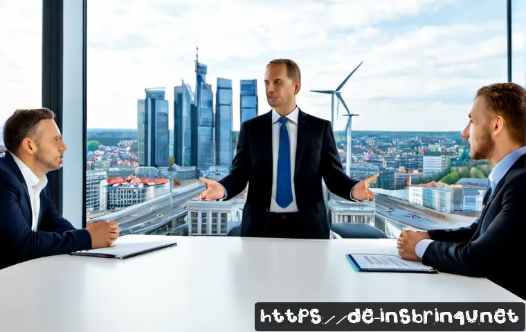 보험중개사와 글로벌 업무 트렌드 - Photorealistic modern insurance brokerage meeting in a glass-walled Frankfurt office, a German insur...