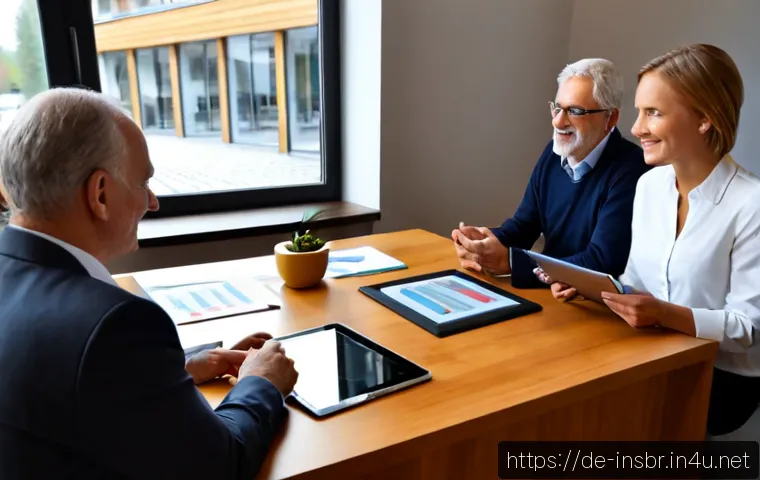 보험중개사와 고객 서비스의 차별화 전략 - Photorealistic German insurance broker in a modern Munich office, warmly greeting an older couple ac...